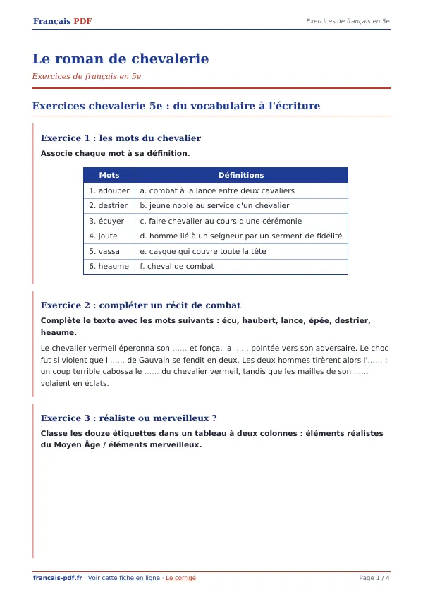 Exercices « Le roman de chevalerie » en PDF