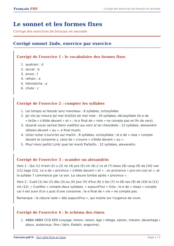 Corrigé « Le sonnet et les formes fixes » en PDF