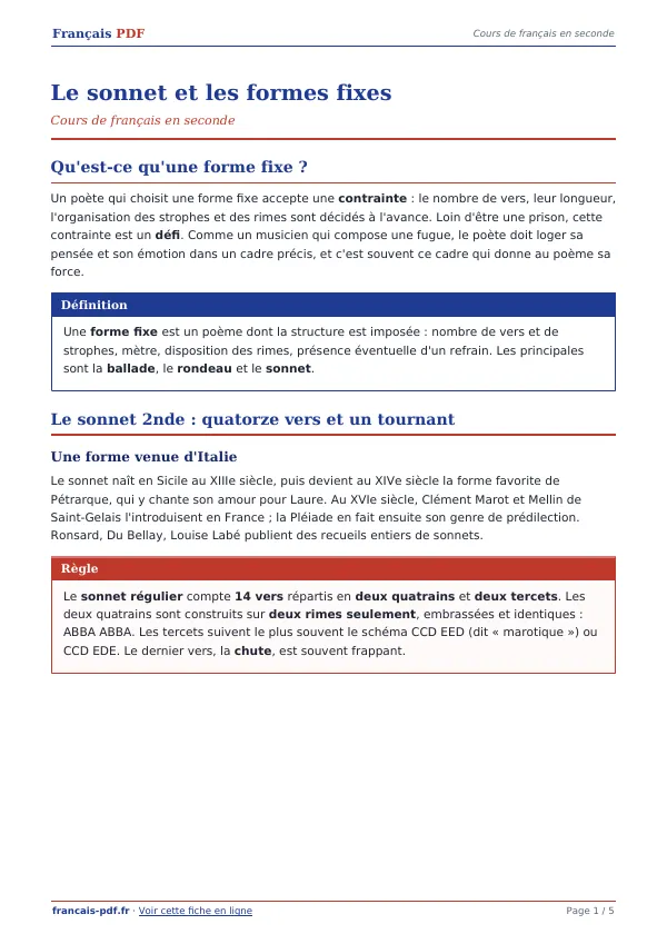 Cours « Le sonnet et les formes fixes » en PDF