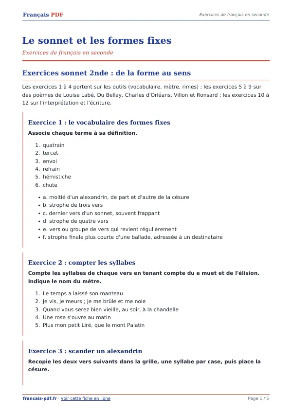 Exercices « Le sonnet et les formes fixes » en PDF
