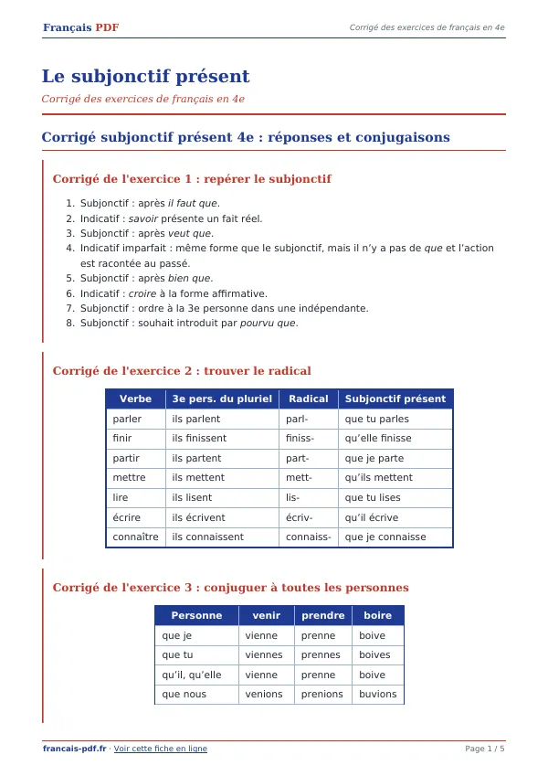 Corrigé « Le subjonctif présent » en PDF