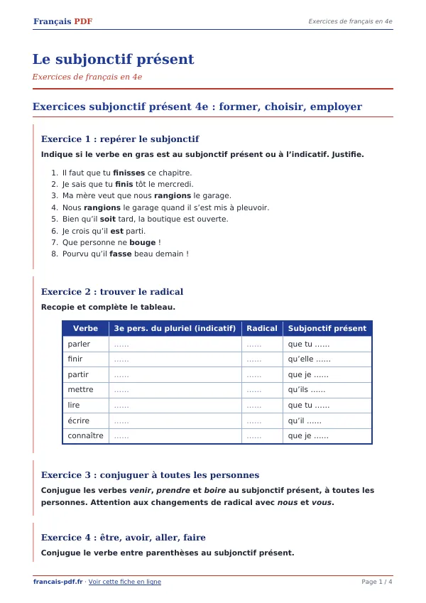 Exercices « Le subjonctif présent » en PDF