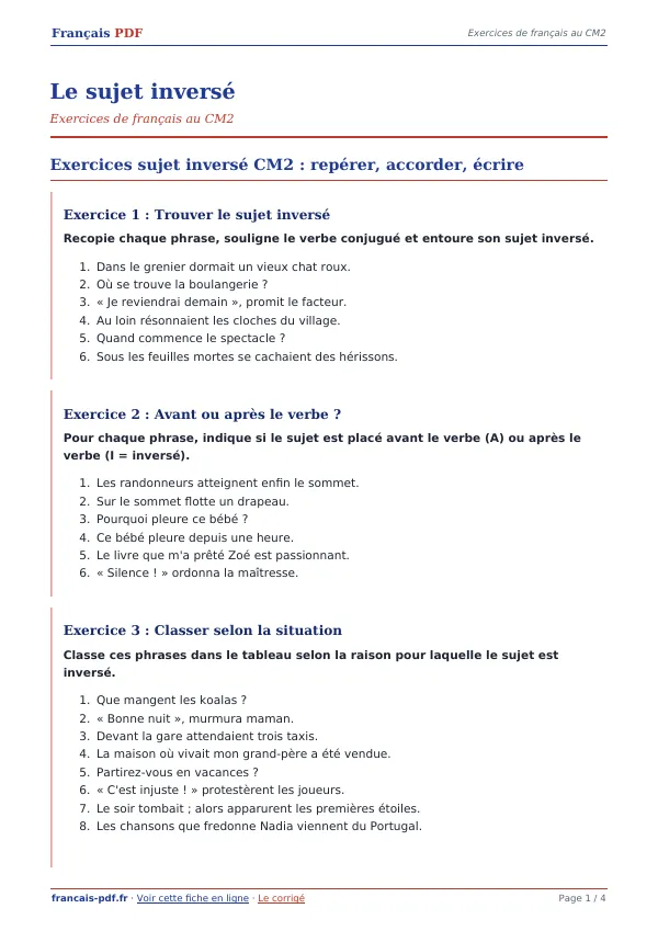 Exercices « Le sujet inversé » en PDF
