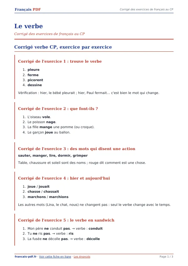 Corrigé « Le verbe » en PDF