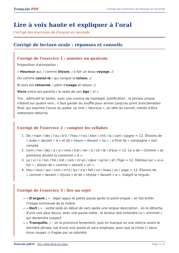 Corrigé « Lire à voix haute et expliquer à l’oral » en PDF