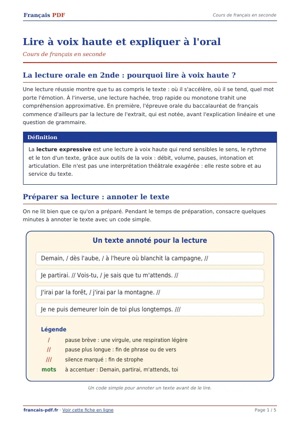 Cours « Lire à voix haute et expliquer à l’oral » en PDF