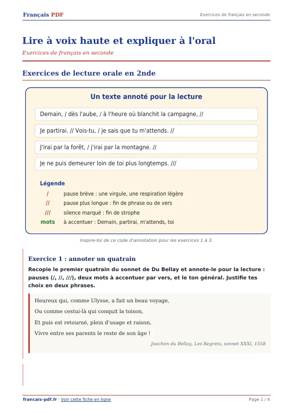 Exercices « Lire à voix haute et expliquer à l’oral » en PDF