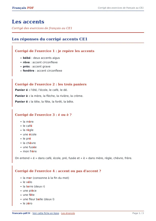 Corrigé « Les accents » en PDF