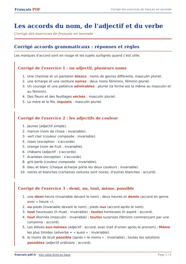 Corrigé « Les accords du nom, de l’adjectif et du verbe » en PDF