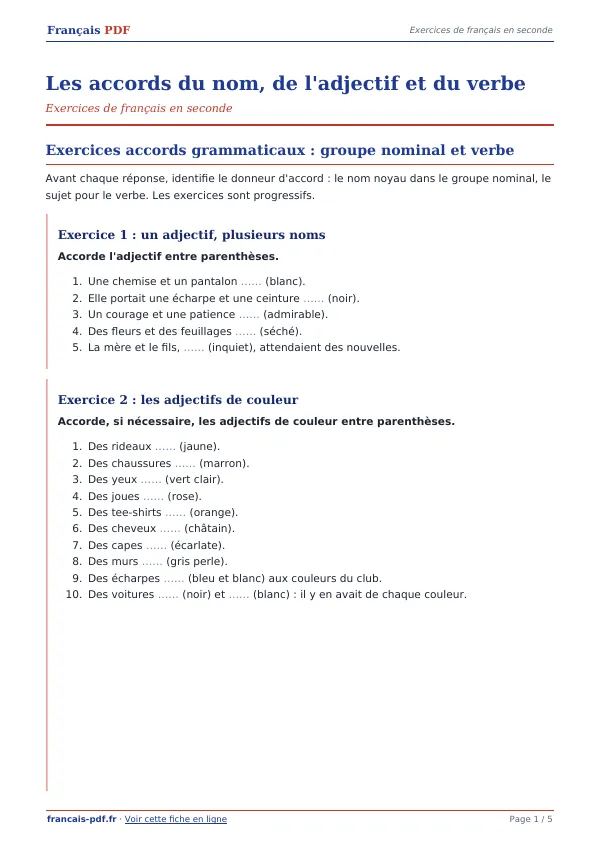 Exercices « Les accords du nom, de l’adjectif et du verbe » en PDF