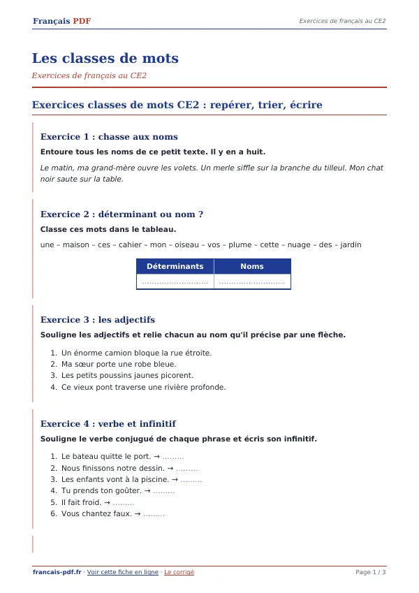 Exercices « Les classes de mots » en PDF