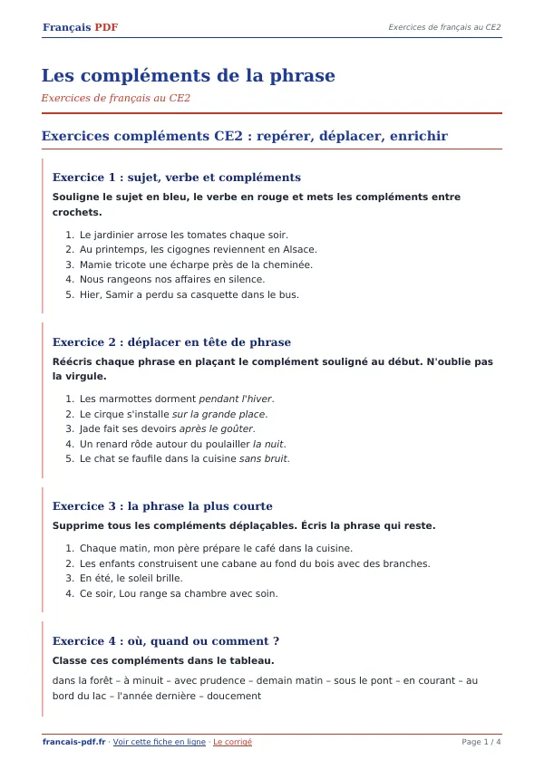 Exercices « Les compléments de la phrase » en PDF