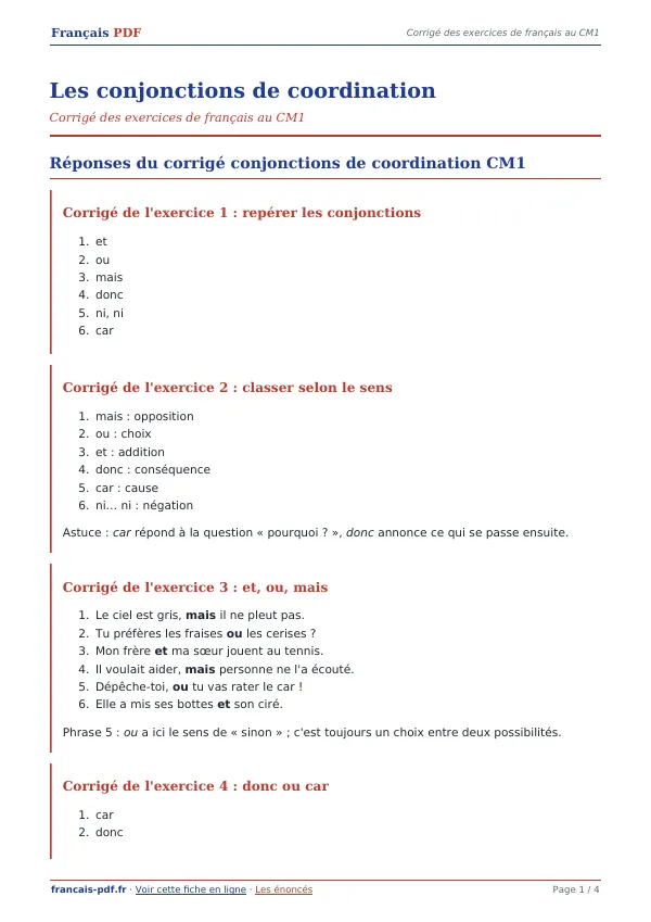 Corrigé « Les conjonctions de coordination » en PDF