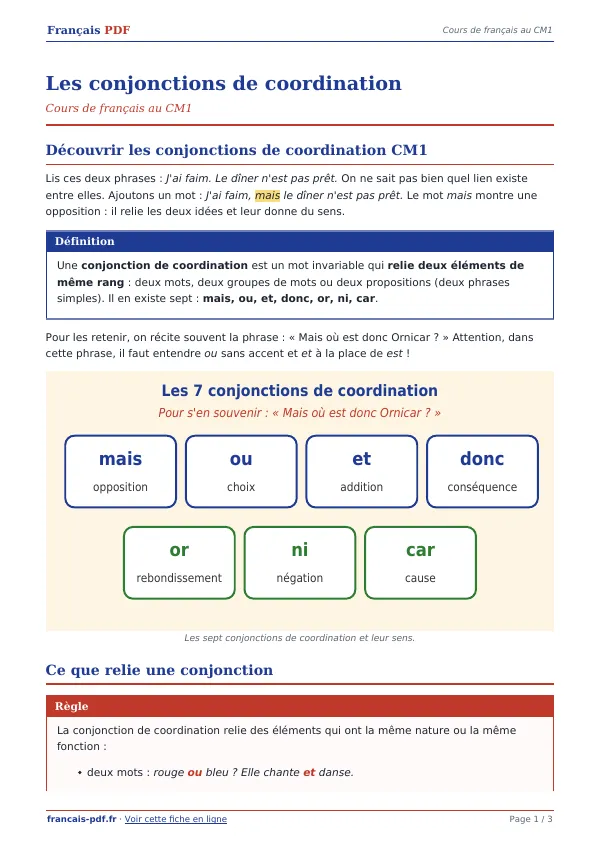 Cours « Les conjonctions de coordination » en PDF