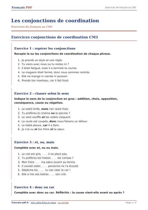 Exercices « Les conjonctions de coordination » en PDF