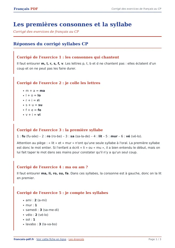 Corrigé « Les premières consonnes et la syllabe » en PDF