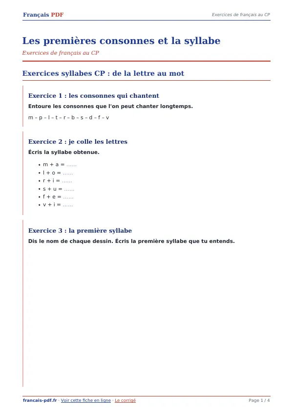 Exercices « Les premières consonnes et la syllabe » en PDF
