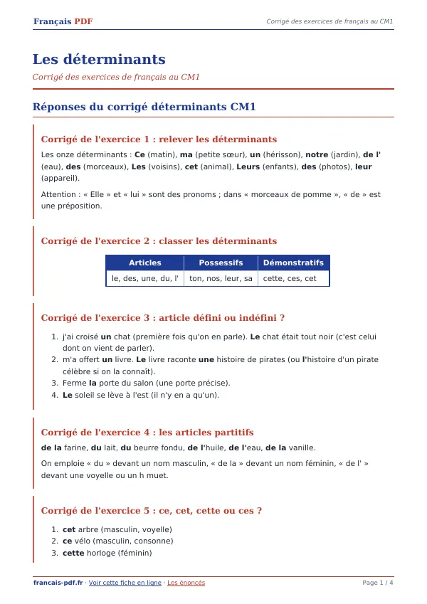 Corrigé « Les déterminants » en PDF