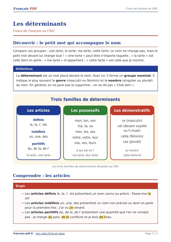 Cours « Les déterminants » en PDF