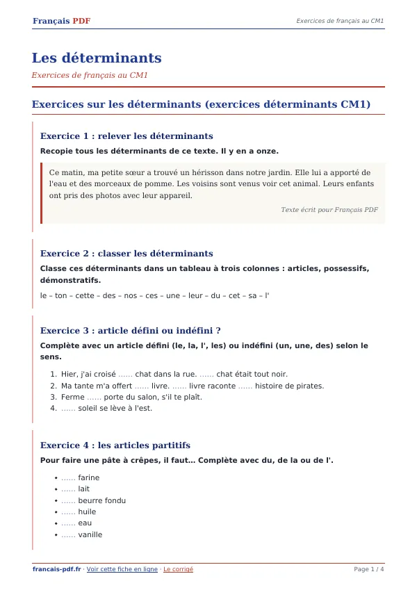 Exercices « Les déterminants » en PDF