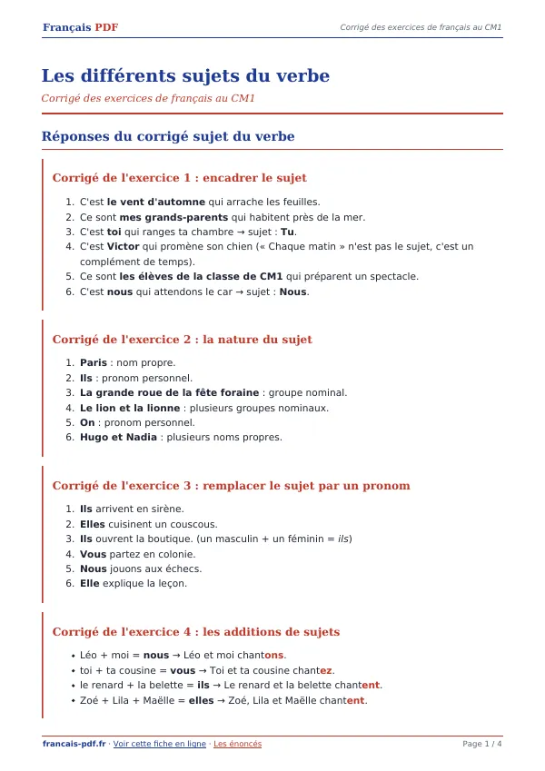 Corrigé « Les différents sujets du verbe » en PDF