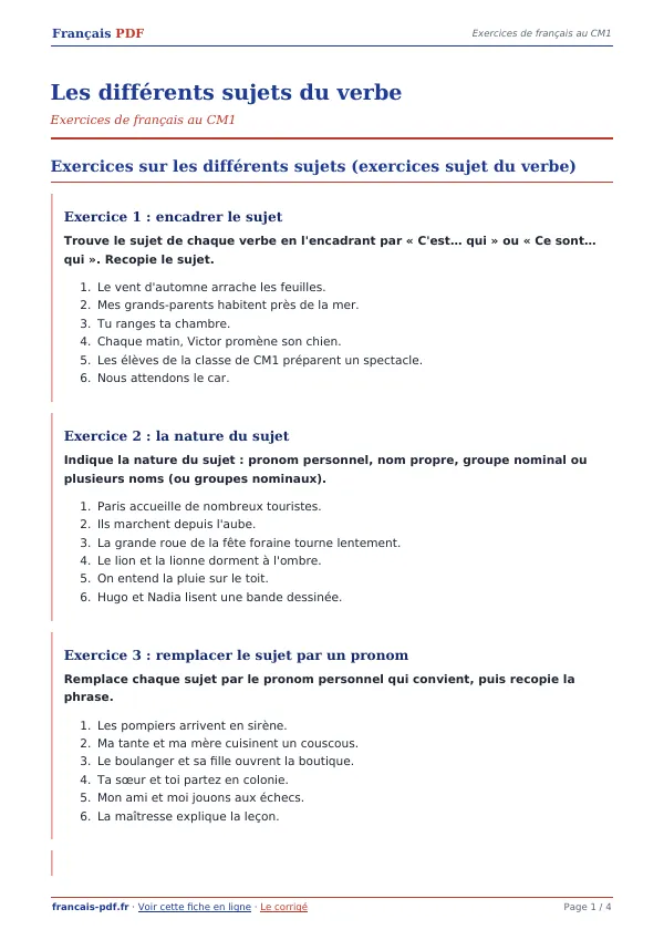 Exercices « Les différents sujets du verbe » en PDF
