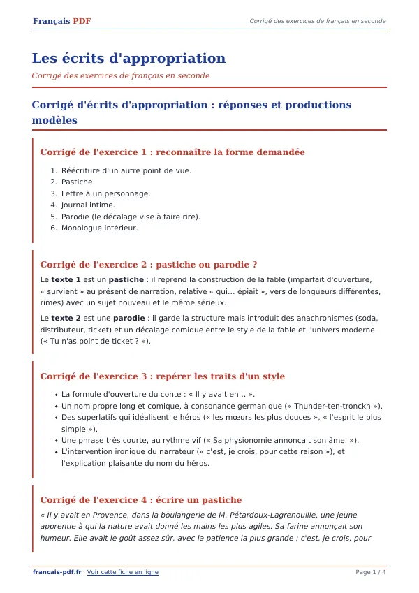 Corrigé « Les écrits d’appropriation » en PDF
