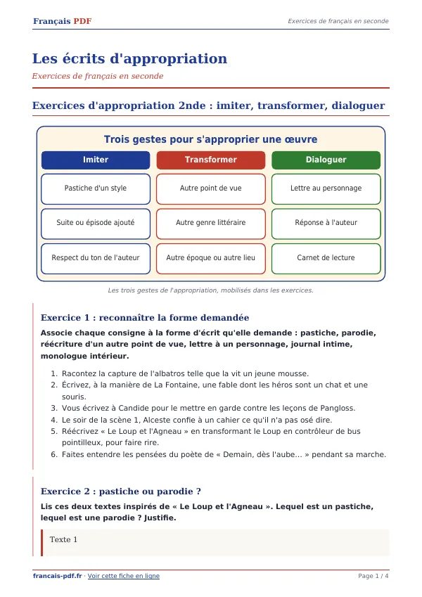 Exercices « Les écrits d’appropriation » en PDF