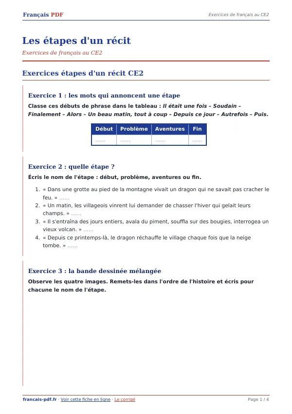 Exercices « Les étapes d’un récit » en PDF