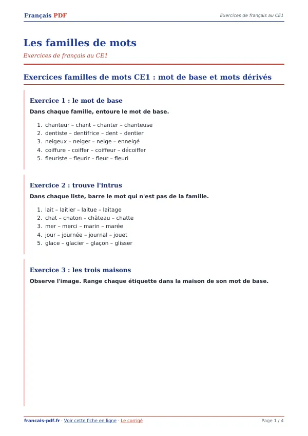 Exercices « Les familles de mots » en PDF