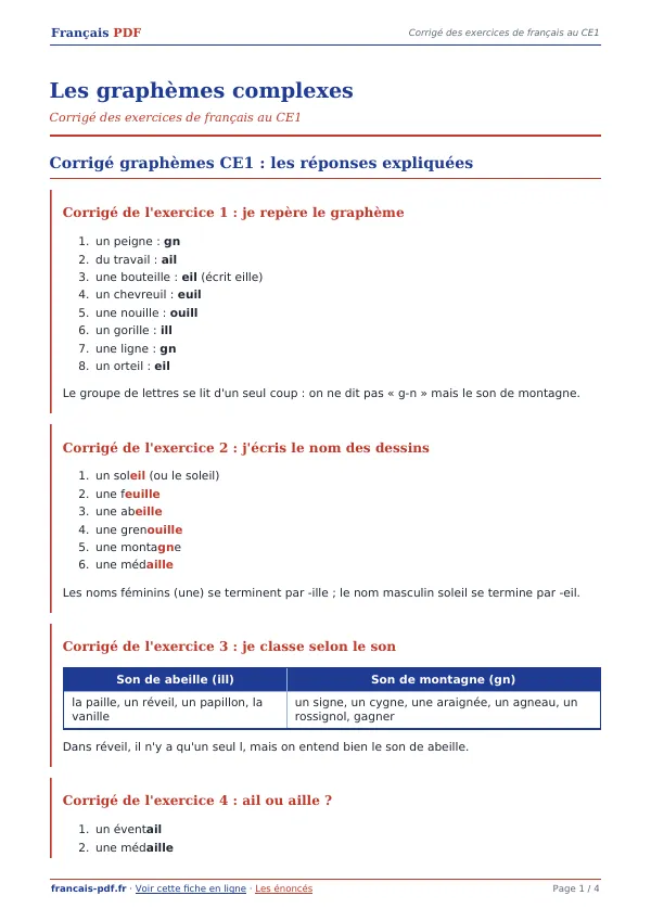 Corrigé « Les graphèmes complexes » en PDF