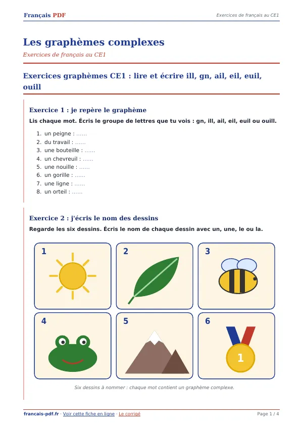 Exercices « Les graphèmes complexes » en PDF