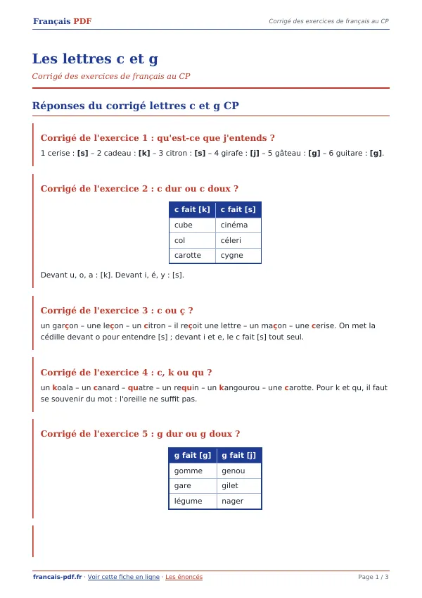 Corrigé « Les lettres c et g » en PDF