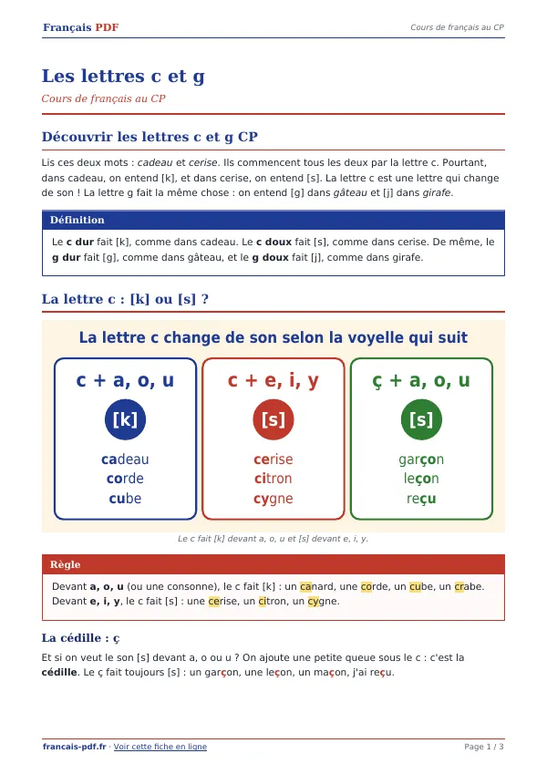 Cours « Les lettres c et g » en PDF