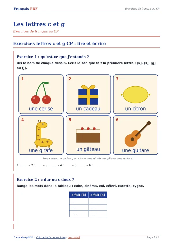 Exercices « Les lettres c et g » en PDF