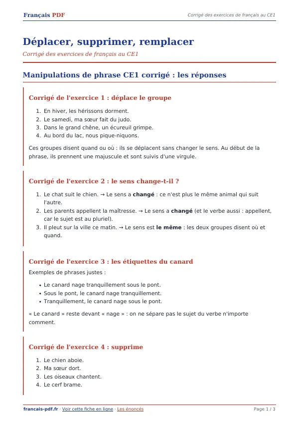 Corrigé « Déplacer, supprimer, remplacer » en PDF