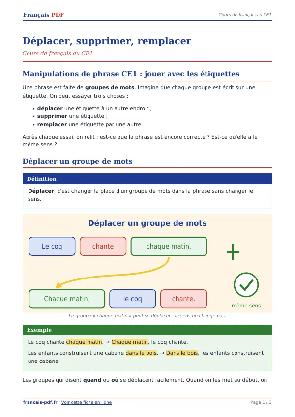 Cours « Déplacer, supprimer, remplacer » en PDF