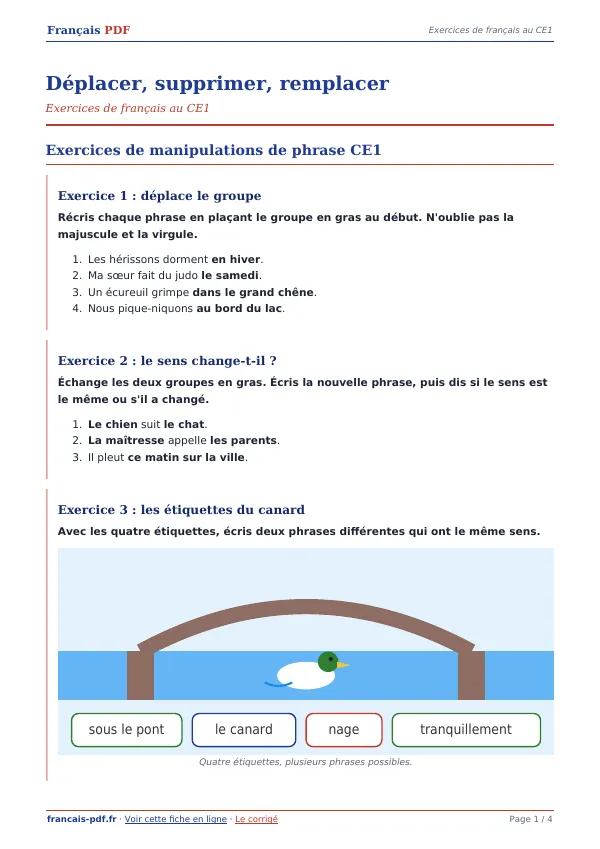 Exercices « Déplacer, supprimer, remplacer » en PDF