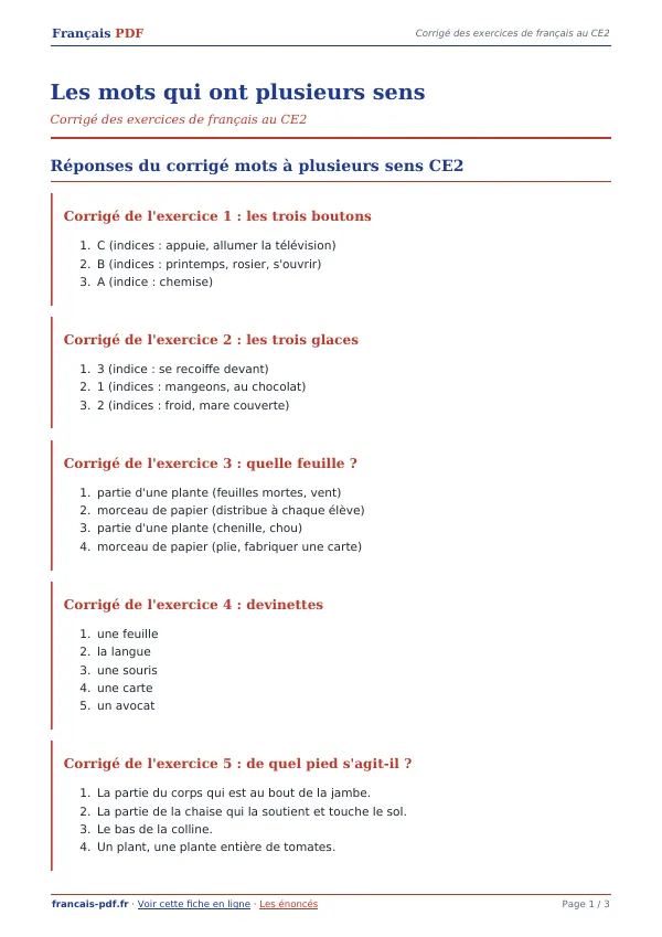 Corrigé « Les mots qui ont plusieurs sens » en PDF