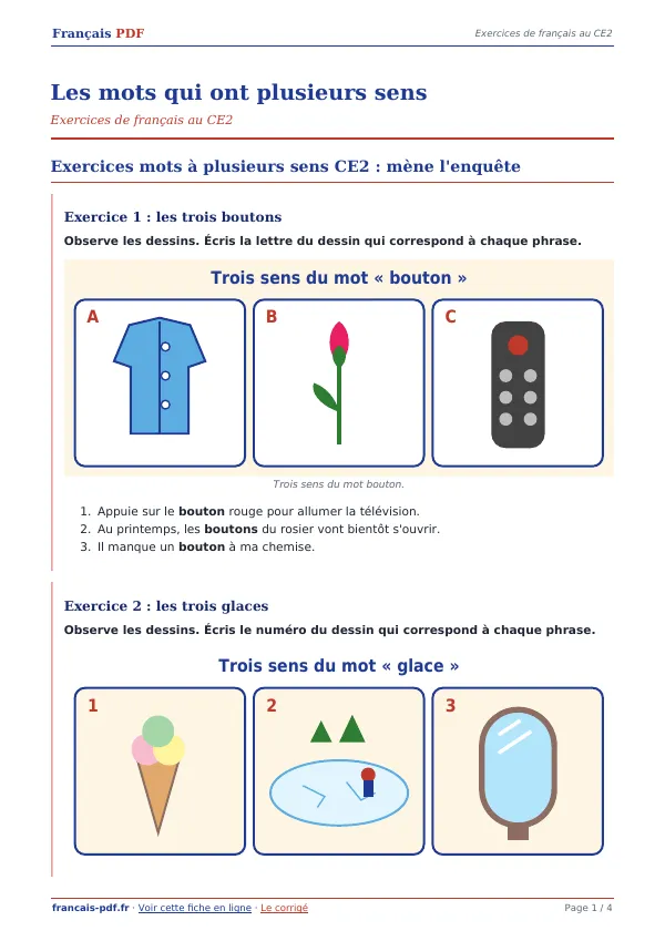 Exercices « Les mots qui ont plusieurs sens » en PDF