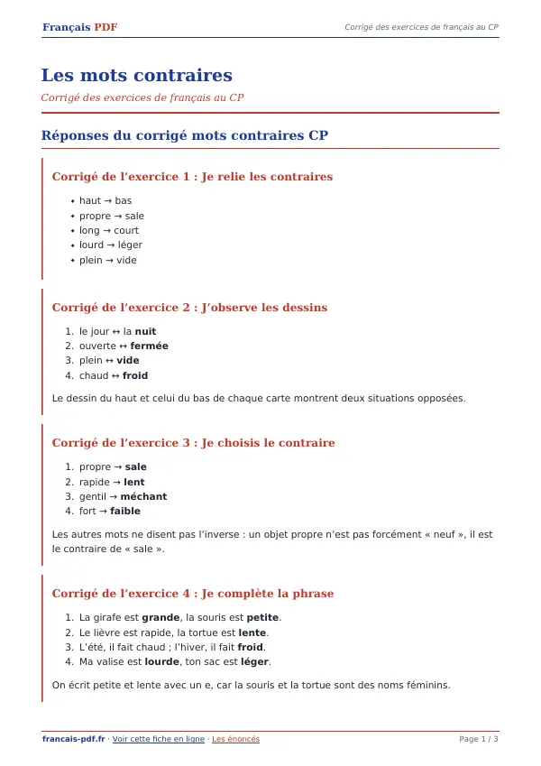 Corrigé « Les mots contraires » en PDF