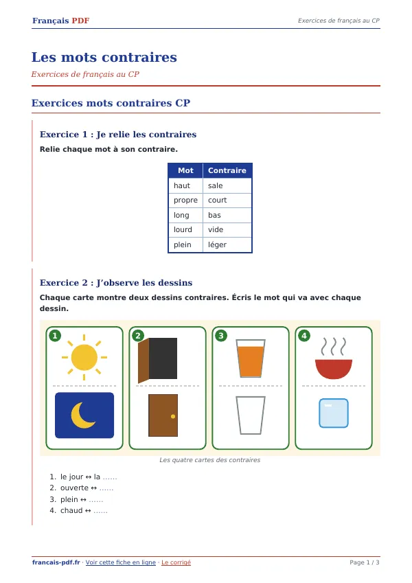 Exercices « Les mots contraires » en PDF