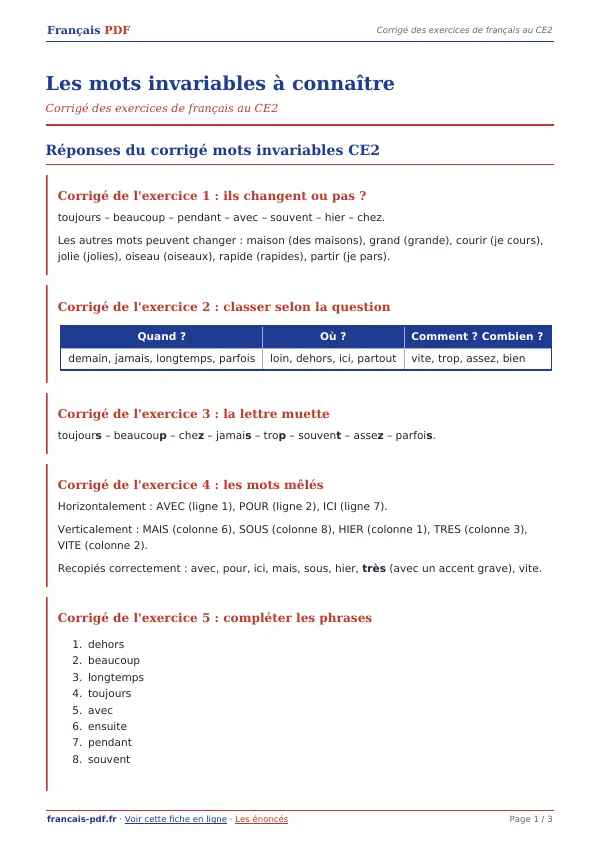 Corrigé « Les mots invariables à connaître » en PDF