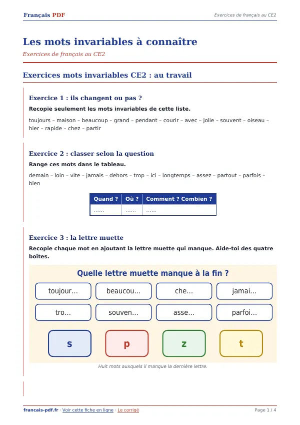 Exercices « Les mots invariables à connaître » en PDF
