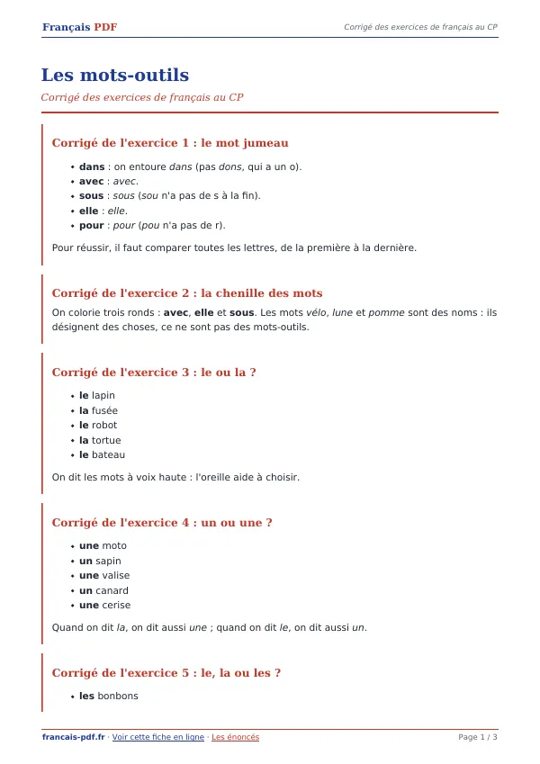Corrigé « Les mots-outils » en PDF
