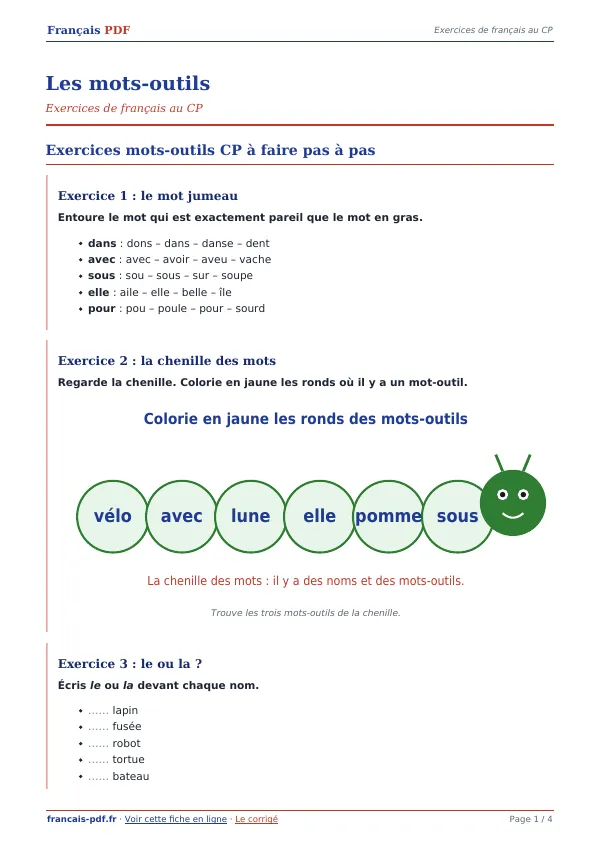 Exercices « Les mots-outils » en PDF