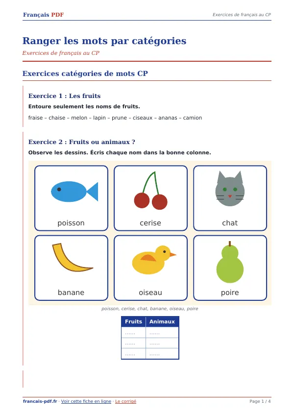 Exercices « Ranger les mots par catégories » en PDF