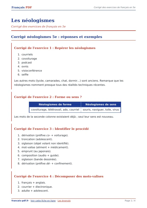 Corrigé « Les néologismes » en PDF