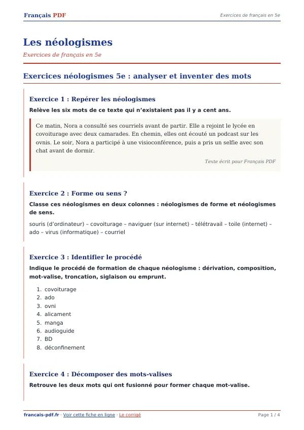 Exercices « Les néologismes » en PDF