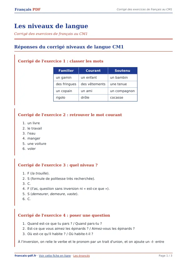 Corrigé « Les niveaux de langue » en PDF